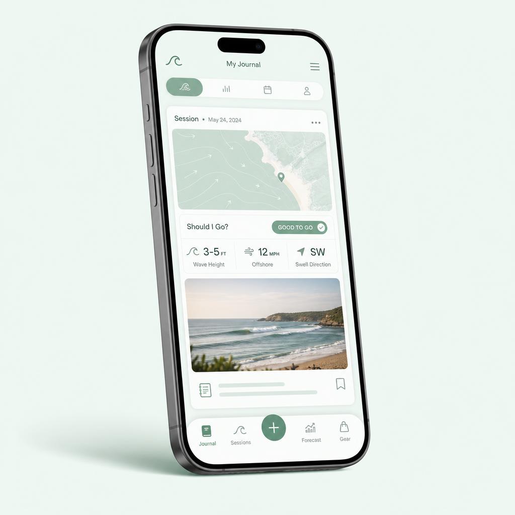 A surf session in My Wave Journal: the spot map, the Should I Go verdict and the session's wave height, wind and swell